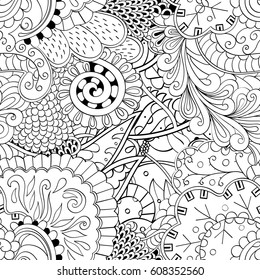 Tracery seamless pattern. Mehndi design. Ethnic monochrome binary doodle texture. Curved doodling black and white background. Vector