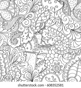 Tracery seamless pattern. Mehndi design. Ethnic monochrome binary doodle texture. Curved doodling black and white background. Vector