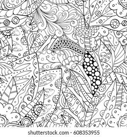 Tracery seamless pattern. Mehndi design. Ethnic monochrome binary doodle texture. Curved doodling black and white background. Vector