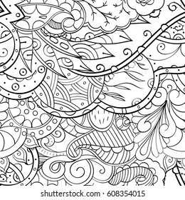Tracery seamless pattern. Mehndi design. Ethnic monochrome binary doodle texture. Curved doodling black and white background. Vector