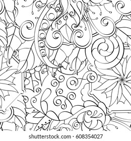Tracery seamless pattern. Mehndi design. Ethnic monochrome binary doodle texture. Curved doodling black and white background. Vector