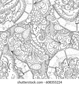 Tracery seamless pattern. Mehndi design. Ethnic monochrome binary doodle texture. Curved doodling black and white background. Vector