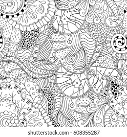 Tracery seamless pattern. Mehndi design. Ethnic monochrome binary doodle texture. Curved doodling black and white background. Vector