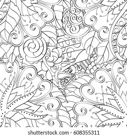 Tracery seamless pattern. Mehndi design. Ethnic monochrome binary doodle texture. Curved doodling black and white background. Vector