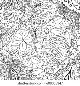 Tracery seamless pattern. Mehndi design. Ethnic monochrome binary doodle texture. Curved doodling black and white background. Vector