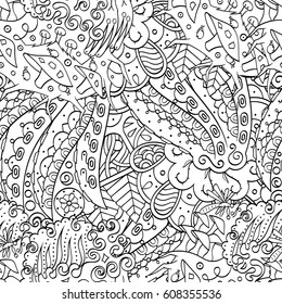 Tracery seamless pattern. Mehndi design. Ethnic monochrome binary doodle texture. Curved doodling black and white background. Vector