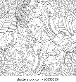 Tracery seamless pattern. Mehndi design. Ethnic monochrome binary doodle texture. Curved doodling black and white background. Vector