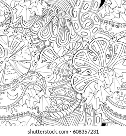 Tracery seamless pattern. Mehndi design. Ethnic monochrome binary doodle texture. Curved doodling black and white background. Vector