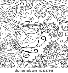 Tracery seamless pattern. Mehndi design. Ethnic monochrome binary doodle texture. Curved doodling black and white background. Vector