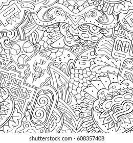 Tracery seamless pattern. Mehndi design. Ethnic monochrome binary doodle texture. Curved doodling black and white background. Vector