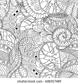 Tracery seamless pattern. Mehndi design. Ethnic monochrome binary doodle texture. Curved doodling black and white background. Vector