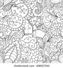 Tracery seamless pattern. Mehndi design. Ethnic monochrome binary doodle texture. Curved doodling black and white background. Vector