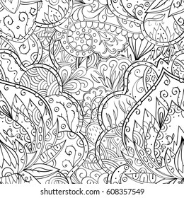 Tracery seamless pattern. Mehndi design. Ethnic monochrome binary doodle texture. Curved doodling black and white background. Vector