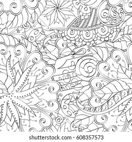 Tracery seamless pattern. Mehndi design. Ethnic monochrome binary doodle texture. Curved doodling black and white background. Vector