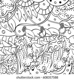 Tracery seamless pattern. Mehndi design. Ethnic monochrome binary doodle texture. Curved doodling black and white background. Vector