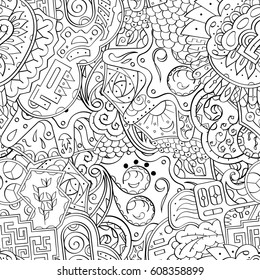 Tracery seamless pattern. Mehndi design. Ethnic monochrome binary doodle texture. Curved doodling black and white background. Vector