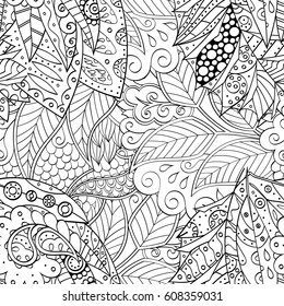 Tracery seamless pattern. Mehndi design. Ethnic monochrome binary doodle texture. Curved doodling black and white background. Vector
