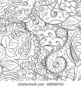 Tracery seamless pattern. Mehndi design. Ethnic monochrome binary doodle texture. Curved doodling black and white background. Vector