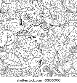Tracery seamless pattern. Mehndi design. Ethnic monochrome binary doodle texture. Curved doodling black and white background. Vector