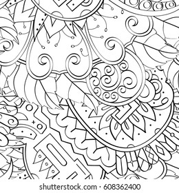Tracery seamless pattern. Mehndi design. Ethnic monochrome binary doodle texture. Curved doodling black and white background. Vector