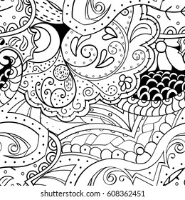 Tracery seamless pattern. Mehndi design. Ethnic monochrome binary doodle texture. Curved doodling black and white background. Vector