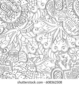 Tracery seamless pattern. Mehndi design. Ethnic monochrome binary doodle texture. Curved doodling black and white background. Vector