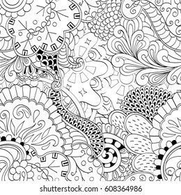 Tracery seamless pattern. Mehndi design. Ethnic monochrome binary doodle texture. Curved doodling black and white background. Vector