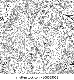Tracery seamless pattern. Mehndi design. Ethnic monochrome binary doodle texture. Curved doodling black and white background. Vector