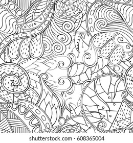 Tracery seamless pattern. Mehndi design. Ethnic monochrome binary doodle texture. Curved doodling black and white background. Vector