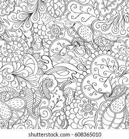 Tracery seamless pattern. Mehndi design. Ethnic monochrome binary doodle texture. Curved doodling black and white background. Vector