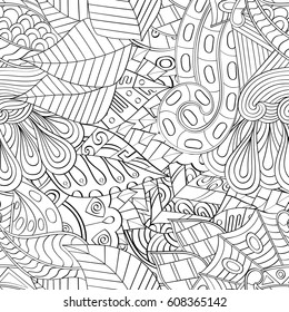Tracery seamless pattern. Mehndi design. Ethnic monochrome binary doodle texture. Curved doodling black and white background. Vector