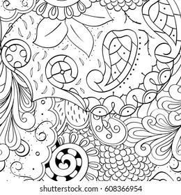 Tracery seamless pattern. Mehndi design. Ethnic monochrome binary doodle texture. Curved doodling black and white background. Vector