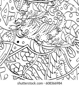 Tracery seamless pattern. Mehndi design. Ethnic monochrome binary doodle texture. Curved doodling black and white background. Vector