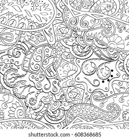 Tracery seamless pattern. Mehndi design. Ethnic monochrome binary doodle texture. Curved doodling black and white background. Vector