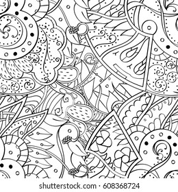 Tracery seamless pattern. Mehndi design. Ethnic monochrome binary doodle texture. Curved doodling black and white background. Vector