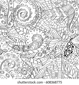 Tracery seamless pattern. Mehndi design. Ethnic monochrome binary doodle texture. Curved doodling black and white background. Vector