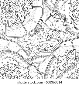 Tracery seamless pattern. Mehndi design. Ethnic monochrome binary doodle texture. Curved doodling black and white background. Vector