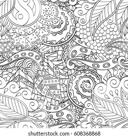 Tracery seamless pattern. Mehndi design. Ethnic monochrome binary doodle texture. Curved doodling black and white background. Vector
