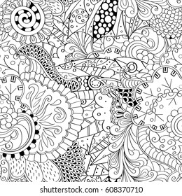 Tracery seamless pattern. Mehndi design. Ethnic monochrome binary doodle texture. Curved doodling black and white background. Vector