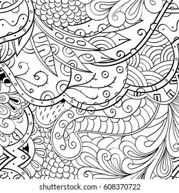 Tracery seamless pattern. Mehndi design. Ethnic monochrome binary doodle texture. Curved doodling black and white background. Vector