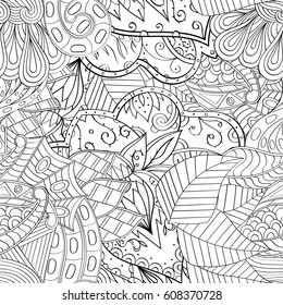 Tracery seamless pattern. Mehndi design. Ethnic monochrome binary doodle texture. Curved doodling black and white background. Vector