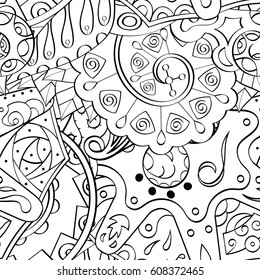 Tracery seamless pattern. Mehndi design. Ethnic monochrome binary doodle texture. Curved doodling black and white background. Vector