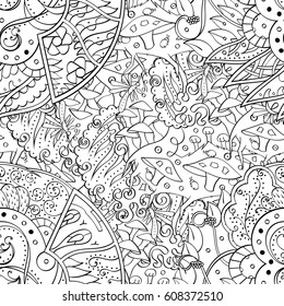 Tracery seamless pattern. Mehndi design. Ethnic monochrome binary doodle texture. Curved doodling black and white background. Vector