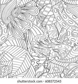 Tracery seamless pattern. Mehndi design. Ethnic monochrome binary doodle texture. Curved doodling black and white background. Vector