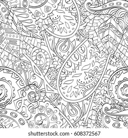 Tracery seamless pattern. Mehndi design. Ethnic monochrome binary doodle texture. Curved doodling black and white background. Vector