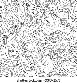 Tracery seamless pattern. Mehndi design. Ethnic monochrome binary doodle texture. Curved doodling black and white background. Vector