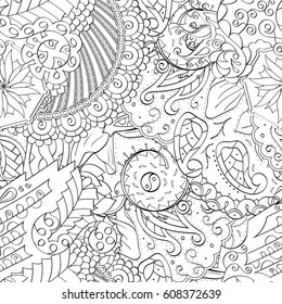 Tracery seamless pattern. Mehndi design. Ethnic monochrome binary doodle texture. Curved doodling black and white background. Vector
