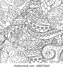 Tracery seamless pattern. Mehndi design. Ethnic monochrome binary doodle texture. Curved doodling black and white background. Vector