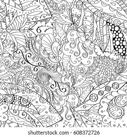 Tracery seamless pattern. Mehndi design. Ethnic monochrome binary doodle texture. Curved doodling black and white background. Vector