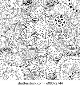 Tracery seamless pattern. Mehndi design. Ethnic monochrome binary doodle texture. Curved doodling black and white background. Vector